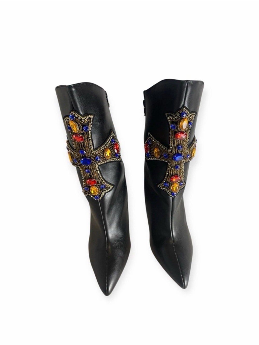 Black above ankle High Heeled Boots with Jeweled Cross Detail